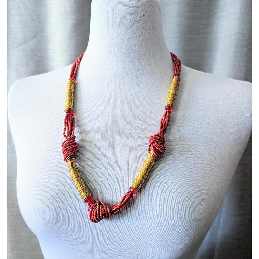 African Necklace Long Beaded Gold Wrapped Red Statement Necklace Jewelry
